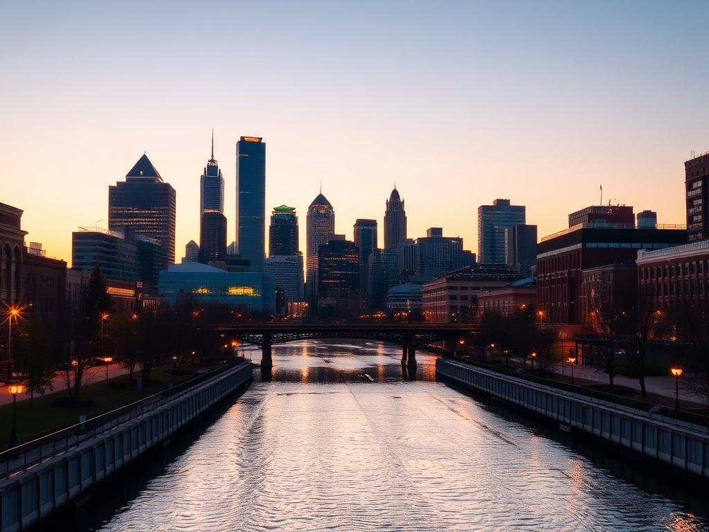 City skyline at dusk reflected in a downtown waterway