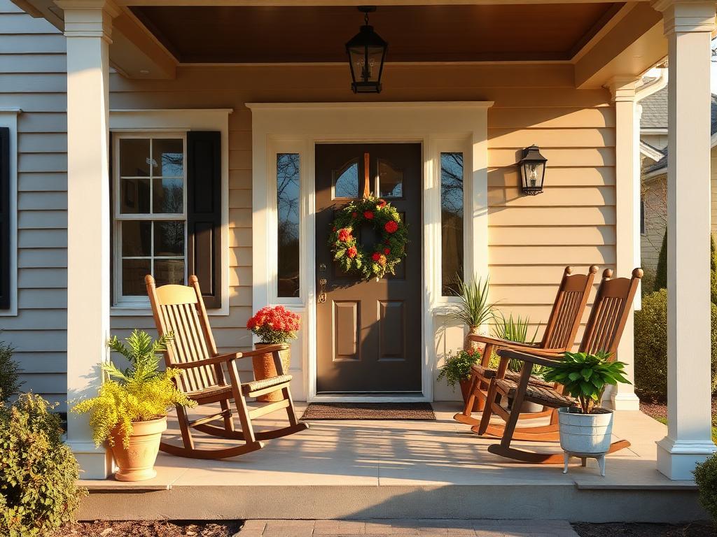 Sunlit front porch with rocking chairs and potted plants