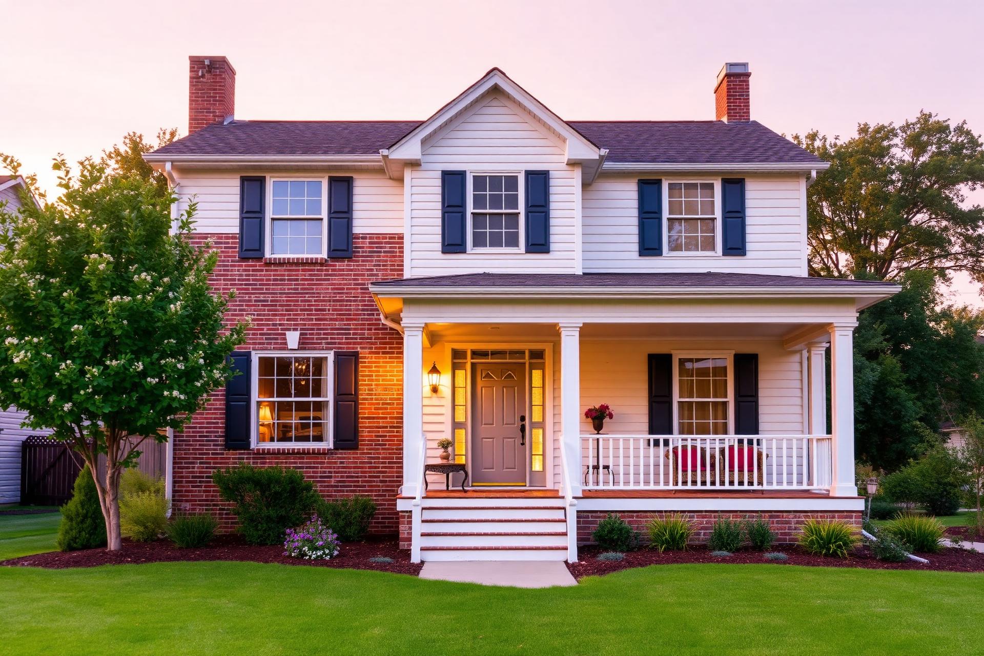Welcoming two-story brick and white siding home with a covered front porch at sunset
