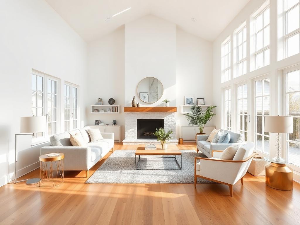 Bright modern farmhouse living room with large windows