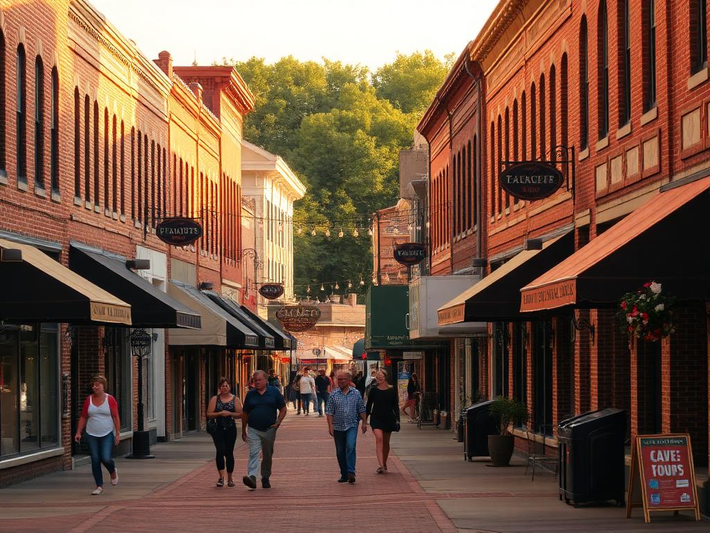 Brick storefronts along a lively small-town main street at golden hour