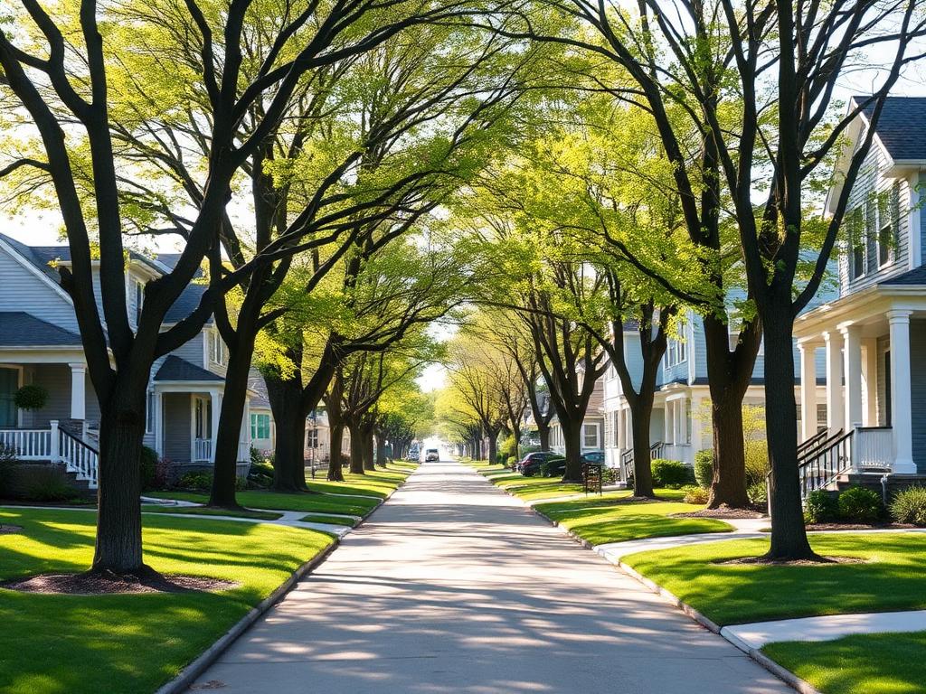 Tree-lined residential street with well-kept family homes