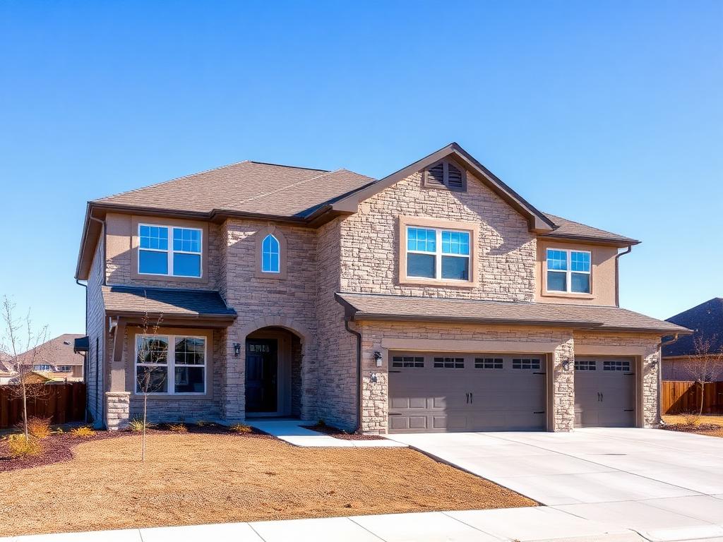 New construction suburban home with stone accents and a three-car garage